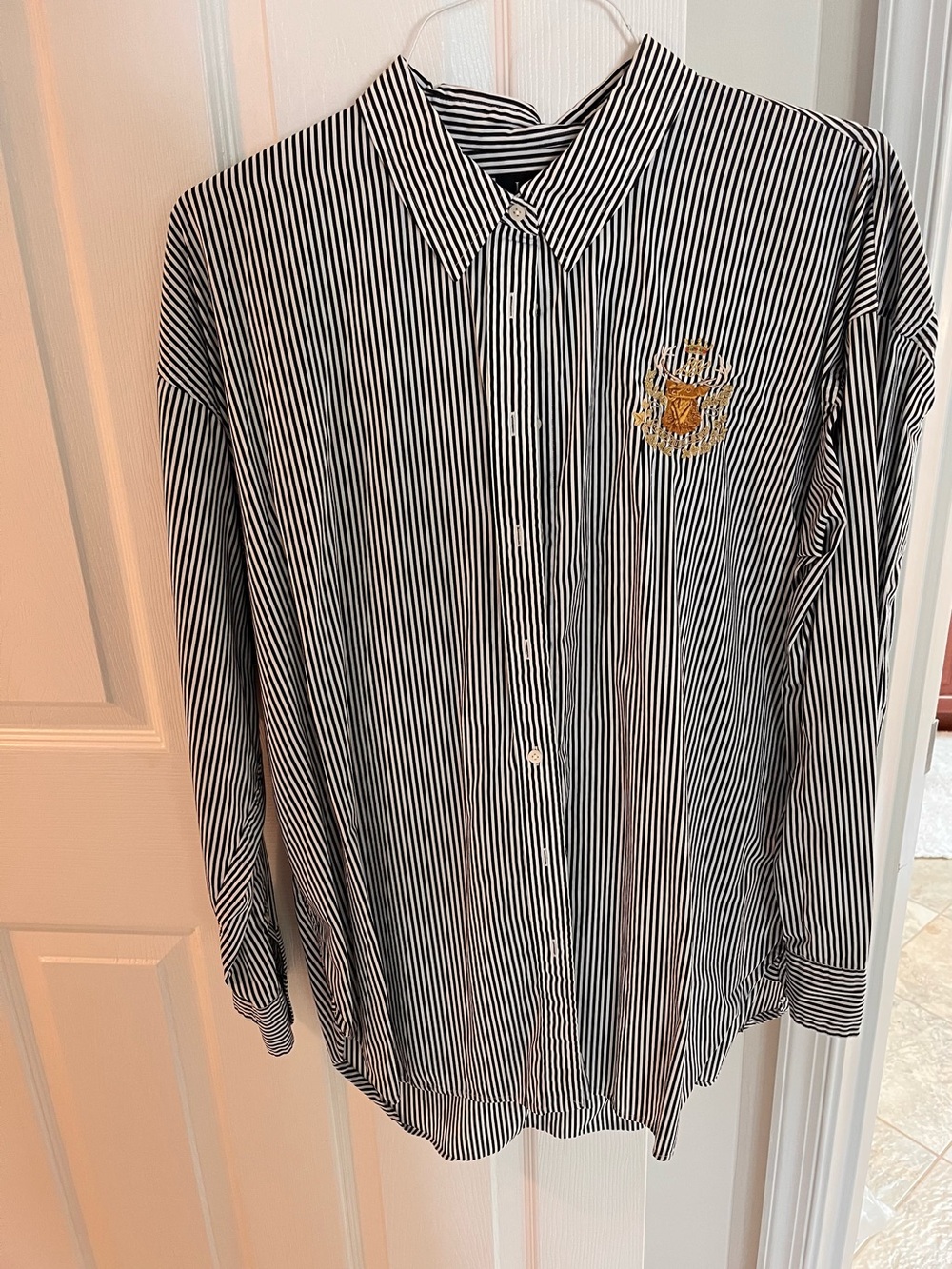 Lauren Striped Black & White Women’s Button-Up Shirt with Crest